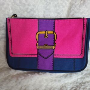 Estee Lauder Pink &BLUE Zip Up Cosmetic Bag With PURPLE Belt Prin
